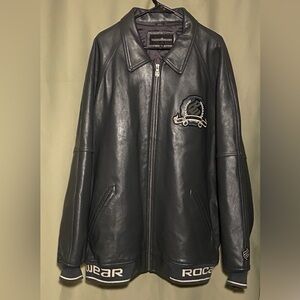 Rare Vintage ROCAWEAR NY Spell Out Full Zip Leather Jacket 2000’s Jay Z Grey 4XL